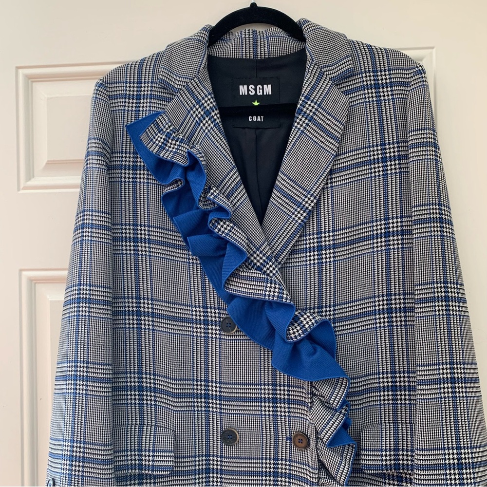 MSGM Glen Plaid Blue Ruffle Wool Blend Double Breasted Coat IT 42 - Picture 4 of 14